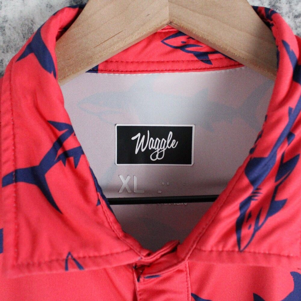 Waggle Polo Shirt Mens XL Red Shark Print Stretch Performance Golf - Picture 5 of 12